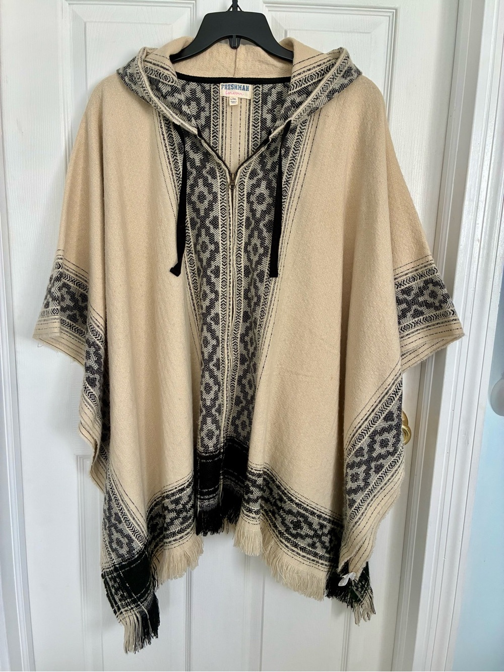 Freshman Cream Hooded Poncho with Black Geometric Trim and Fringe Accents